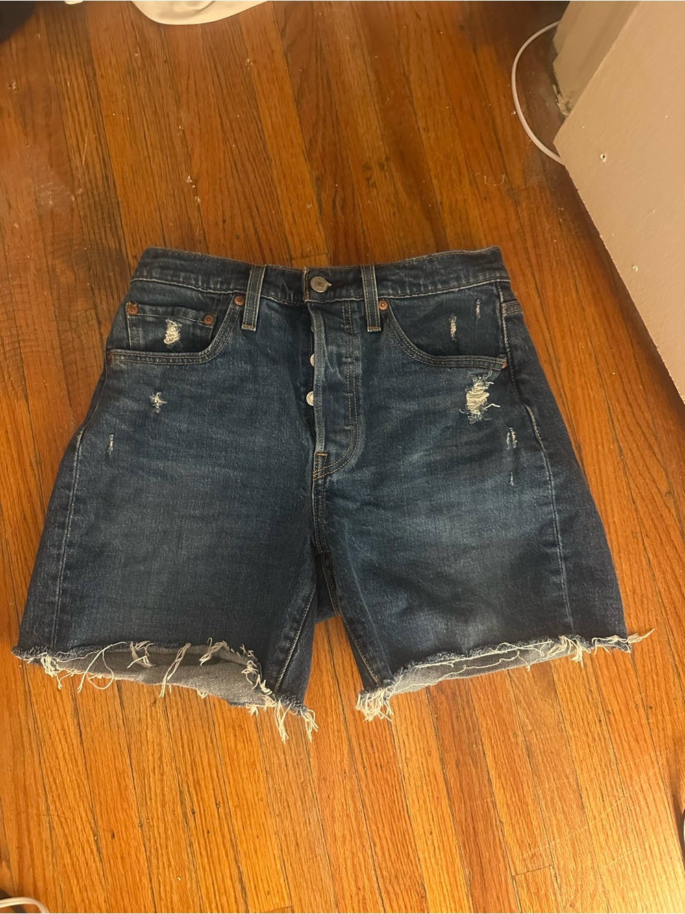 Levi's 501 Dark Blue Distressed Cutoff Denim Shorts